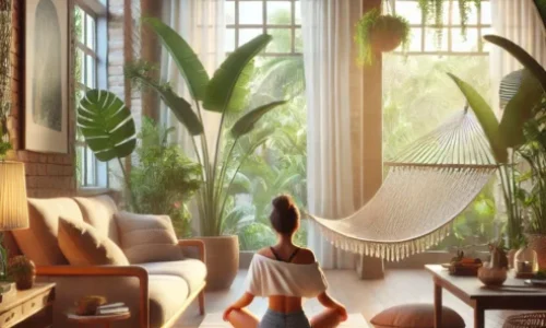 Uma mulher sentada no chão em posição de meditação em uma sala de estar iluminada pela luz do sol. O ambiente tem um estilo aconchegante e natural, com um sofá bege acolchoado à esquerda, uma mesa de centro de madeira com itens decorativos e uma rede de macramê suspensa próxima a uma grande janela. Há várias plantas tropicais ao redor, trazendo um toque de natureza para o espaço. A mulher veste uma blusa branca caída nos ombros e calça jeans, e seu cabelo está preso em um coque. A luz suave que entra pelas janelas e a decoração rústica criam uma atmosfera de serenidade e equilíbrio, sugerindo um momento de autocuidado e bem-estar.