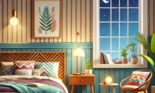 Uma ilustração realista de um quarto acolhedor em um lar brasileiro, destacando a importância de um ambiente tranquilo para uma boa noite de sono. A cena inclui uma cama com roupas de cama coloridas, um criado-mudo com um livro e uma planta tropical, e uma janela mostrando um céu noturno estrelado. A iluminação suave cria uma atmosfera de calma e relaxamento, ideal para transmitir a conexão entre qualidade do sono e saúde mental.