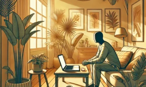 Ilustração realista de uma pessoa em casa, participando de uma sessão de terapia online pelo laptop. O ambiente acolhedor inclui plantas tropicais, uma xícara de café na mesa e luz natural suave entrando pela janela, transmitindo conforto e acessibilidade ao cuidado com a saúde mental. Ideal para destacar o tema da terapia online no Brasil.