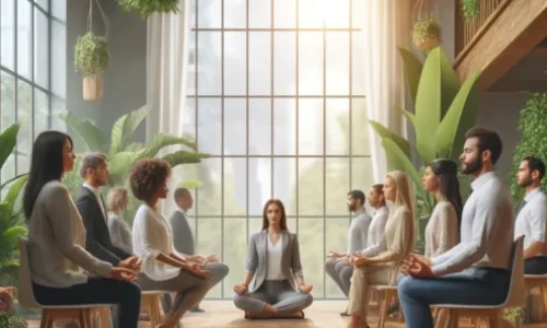 Grupo diverso de profissionais praticando mindfulness em um ambiente de trabalho moderno no Brasil. A cena mostra pessoas sentadas em círculo, com plantas tropicais ao redor e luz natural entrando por amplas janelas, criando uma atmosfera de equilíbrio e tranquilidade. Ideal para representar o tema de atenção plena e bem-estar no ambiente corporativo.
